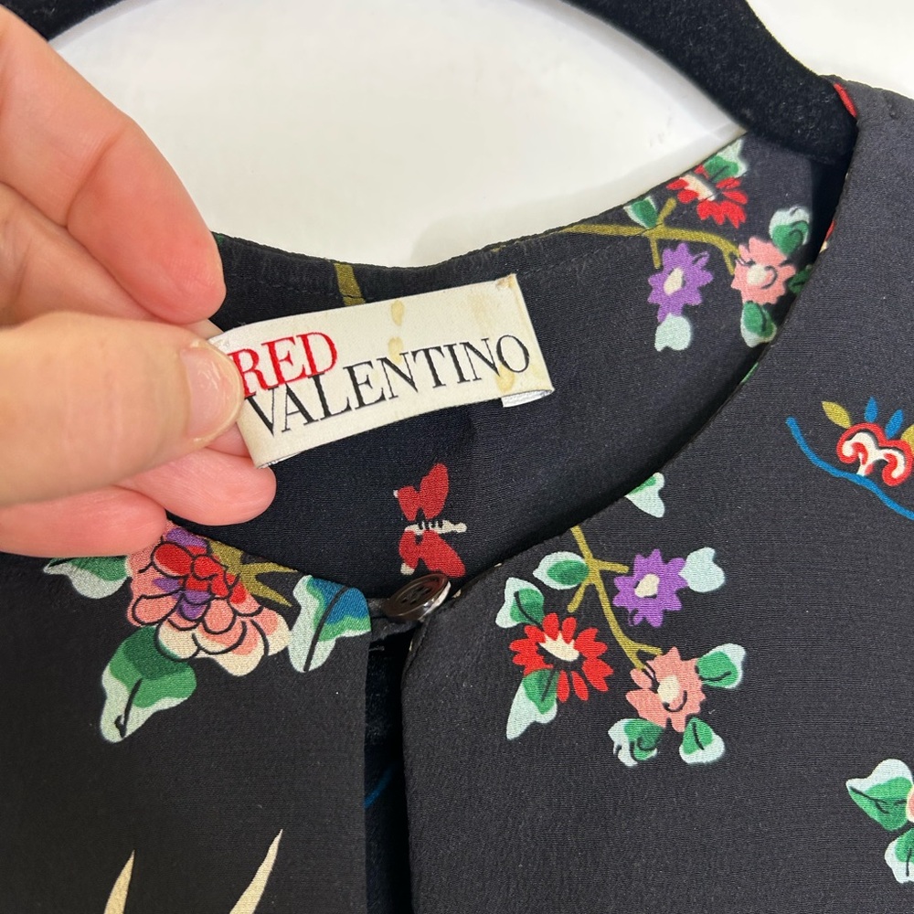 RED VALENTINO CAPE-SLEEVED Black Floral Bouquet Dress Silk Dress - Picture 6 of 10